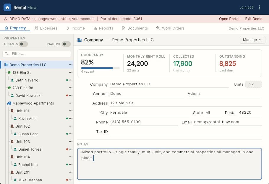 Property tree and KPI dashboard